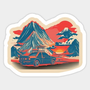 Car adventure with mountain at his back with sun at the back Sticker